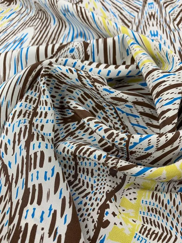 Abstract Printed Silk Crepe de Chine - Brown / Blue / Yellow / White