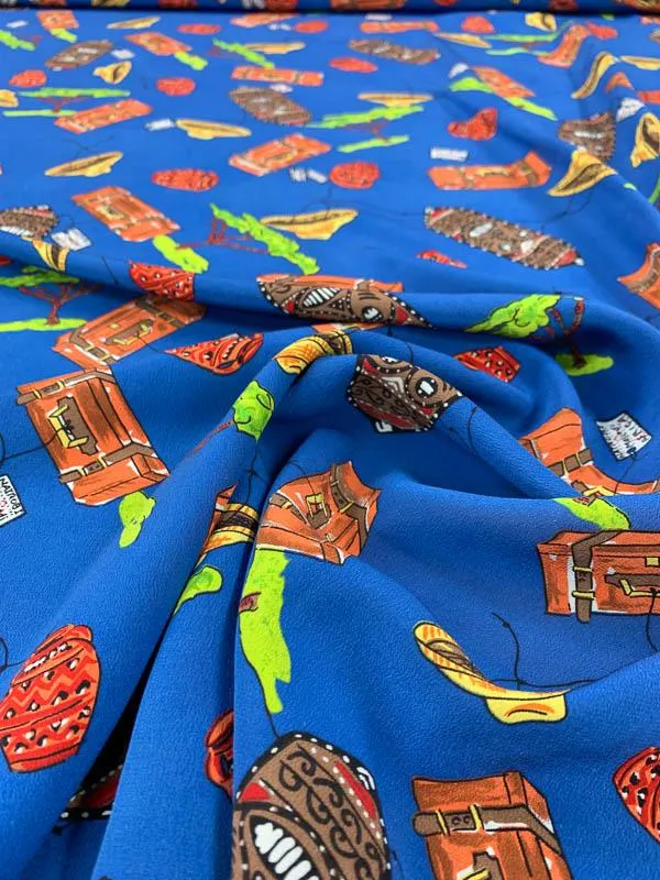 African Treasure Printed Silk Crepe de Chine - Blue / Multicolor