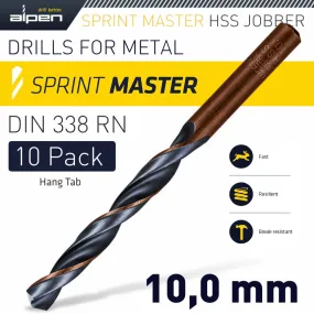 Alpen Hss Sprint Master 10.0Mm 10-Pack Hang Tag Din 338 Alpen Drill Bits