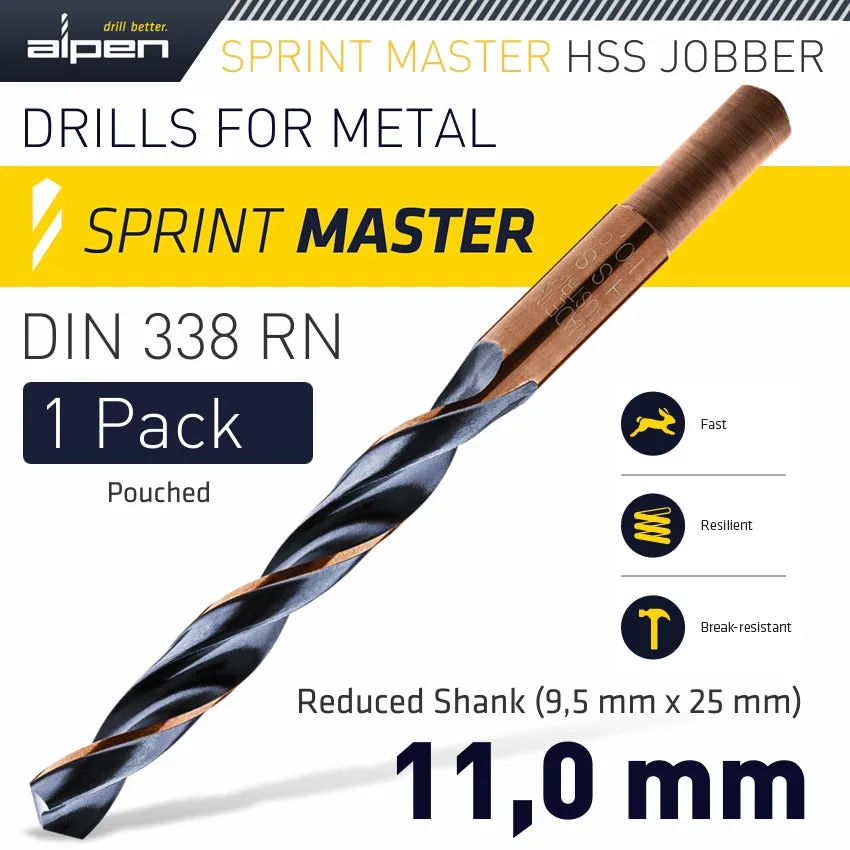 Alpen Hss Sprint Master 11.0Mm Red Shank 9.5Mm X1 Sleeved Din338 Alpen Drill