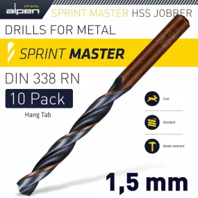 Alpen Hss Sprint Master 1.5Mm 10-Pack Hang Tag Din 338 Alpen Drill Bits