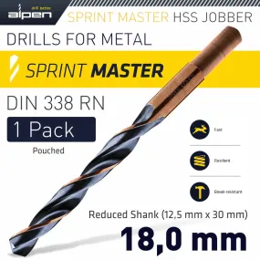 Alpen Hss Sprint Master 18.0Mm Red Shank 12.5Mm X1 Sleeved Din338 Alpen Dril