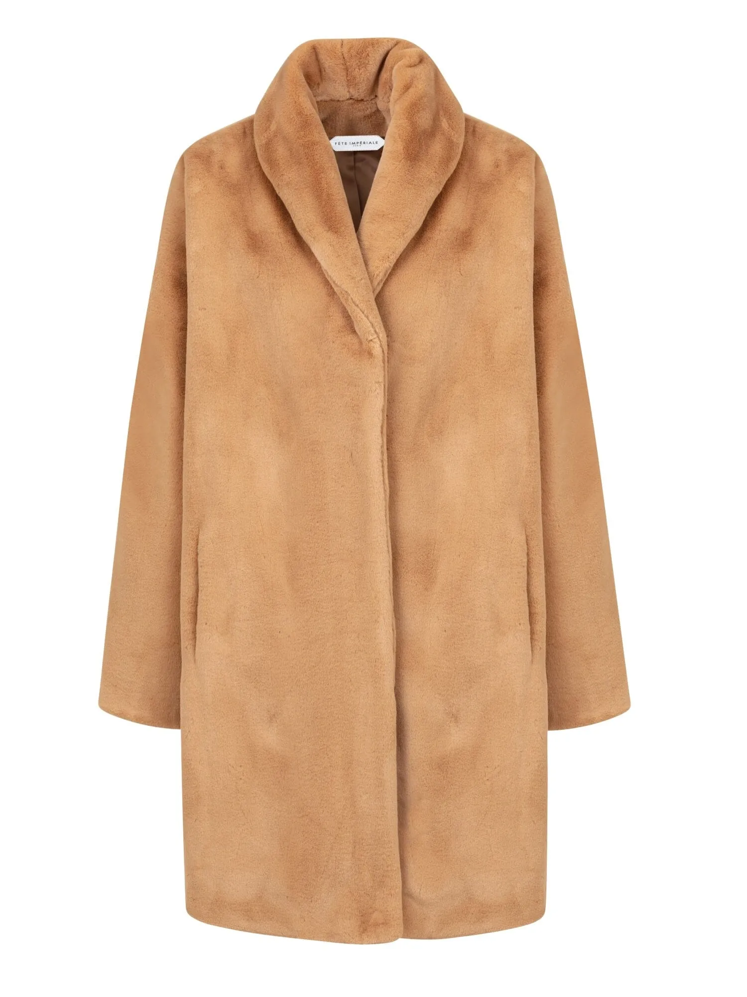 NATALIA - Manteau mi-long col châle en fausse fourrure Camel