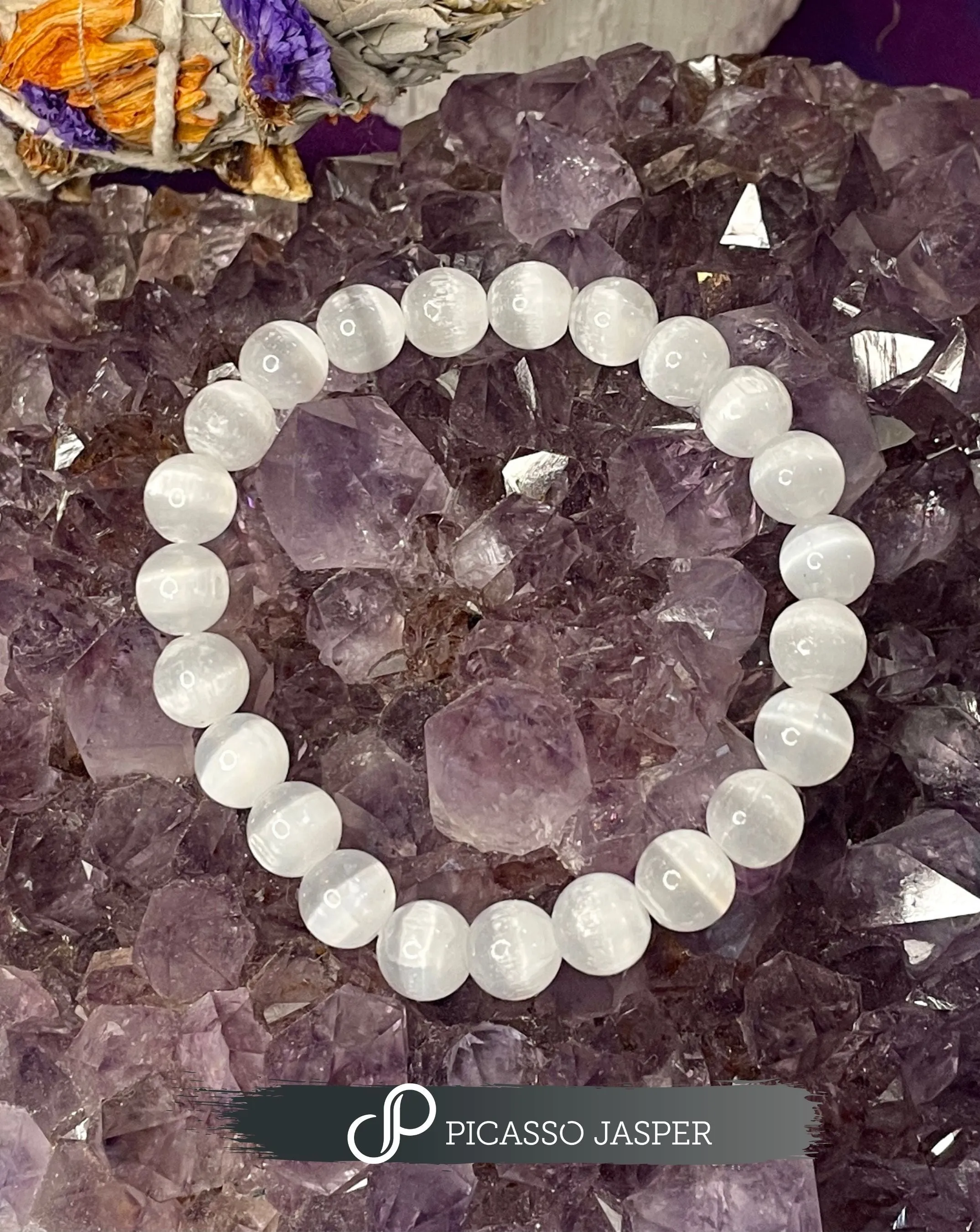 Selenite Bracelet, 6mm or 8mm bead: Liquid Light   Profound Peace