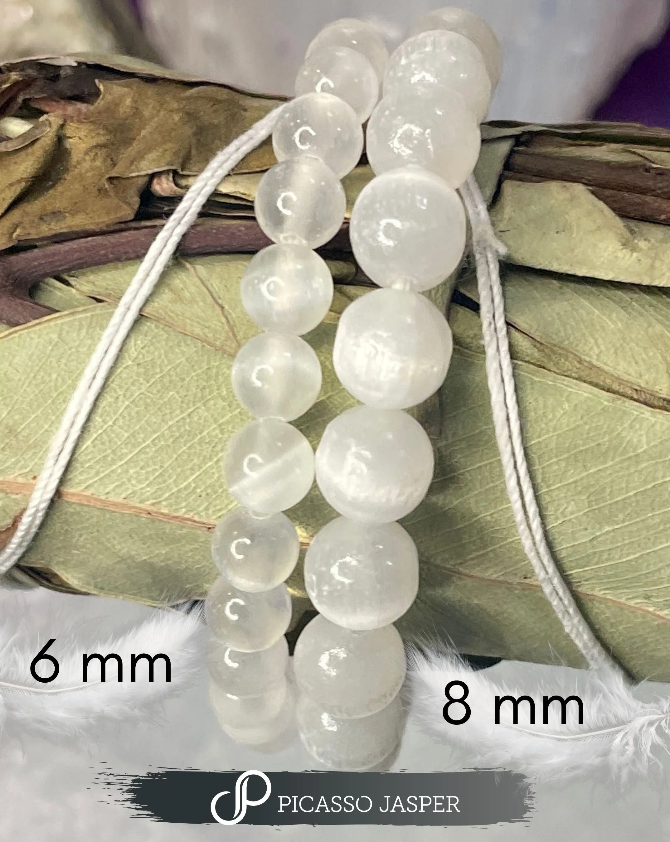 Selenite Bracelet, 6mm or 8mm bead: Liquid Light   Profound Peace